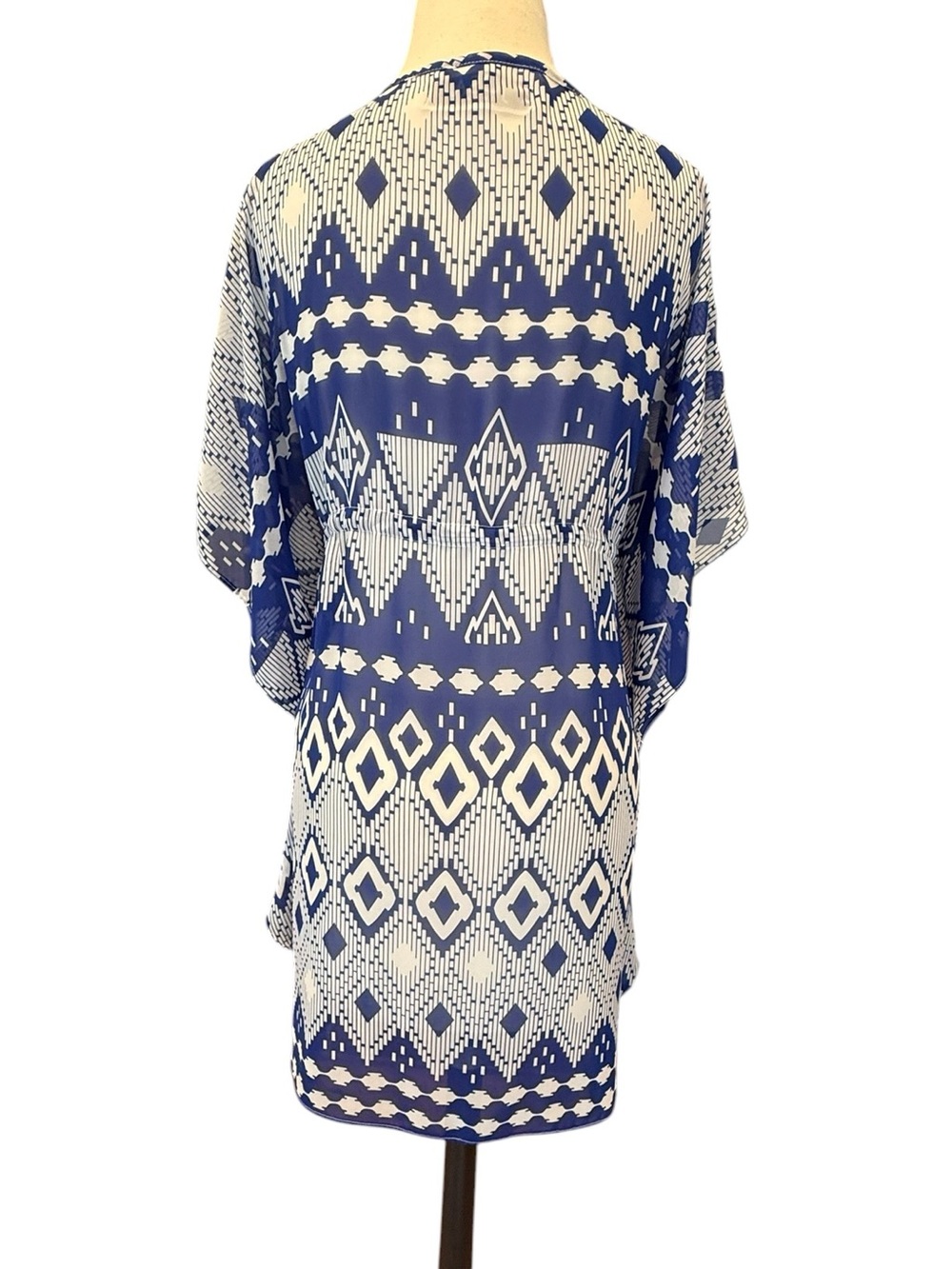JOSA Tulum Kimono Blue White Geometric Print Cover Up Mini Dress  OS One Size - Picture 3 of 9